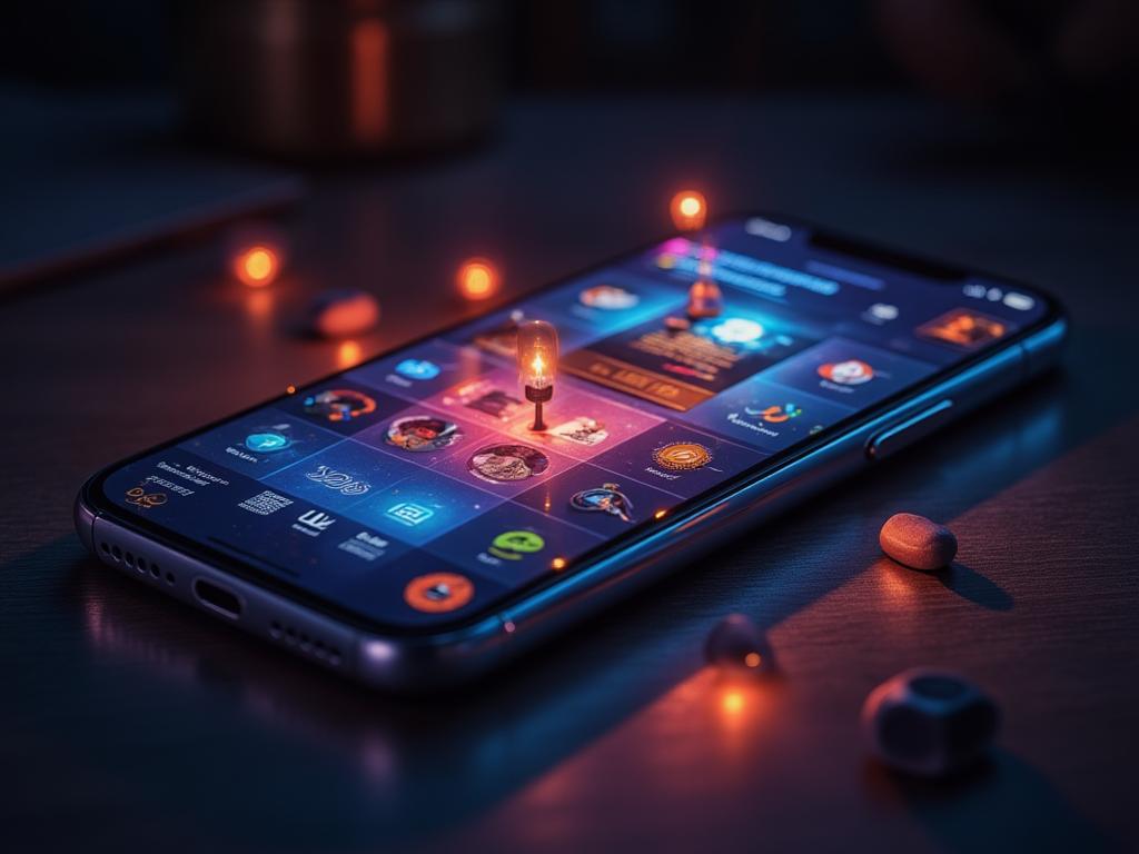 Smartphone exibindo apps de cassino, poker e apostas esportivas com roleta, caça-níqueis e cartas, ilustrando guia para baixar aplicativos de apostas no Brasil.